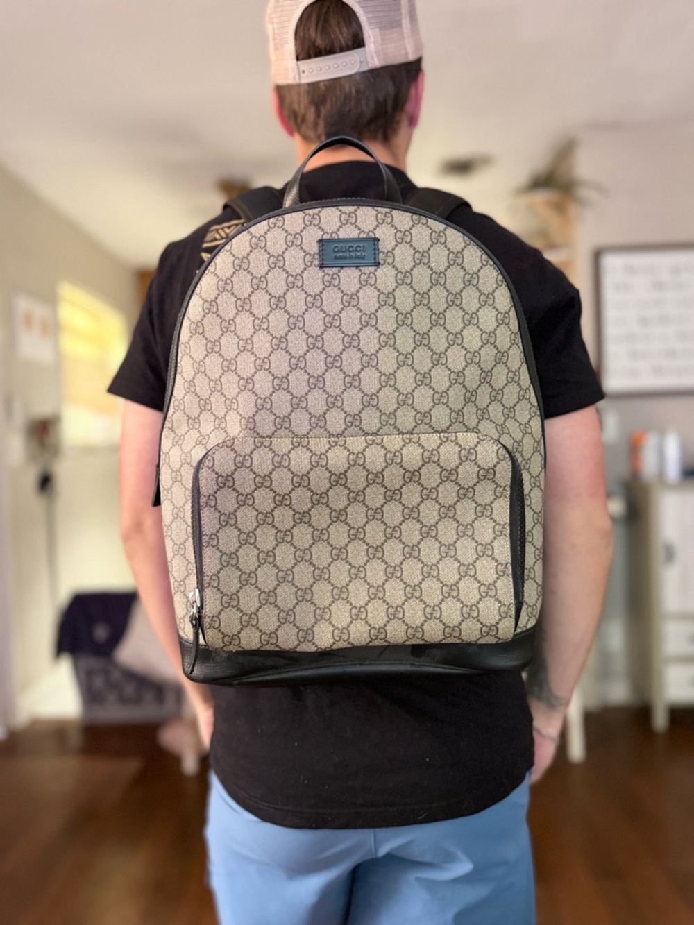 Gucci Beige GG Supreme Canvas Backpack with Black Leather Trim